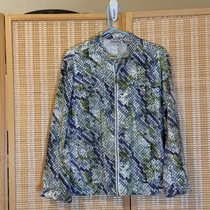 Chicos Blue Green Snakeskin Print Full Zip Stretch Cotton Jacket Size 3 L XL Y2K
